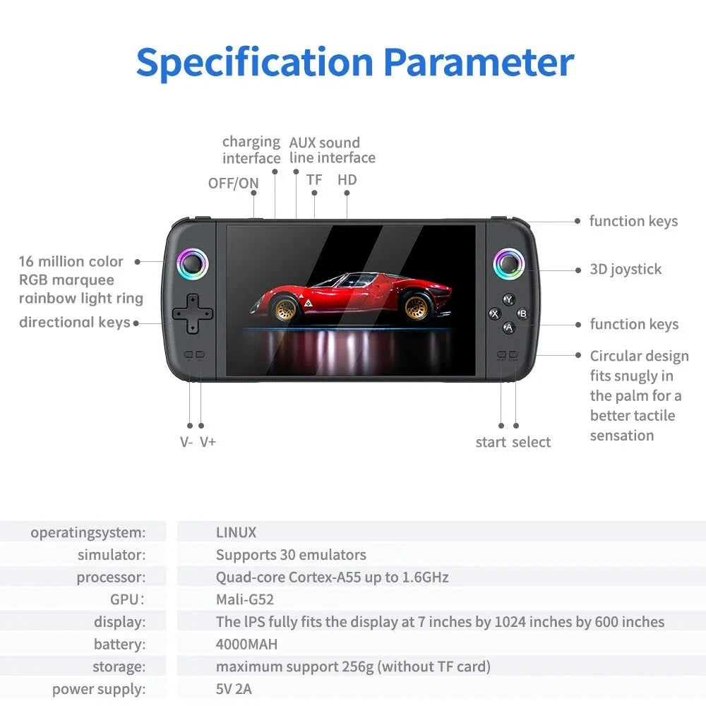 M27 retro handheld game console – 7’’ ips display 64gb tf card rgb lighting 30 + emulators original 3d joystick portable linux gaming