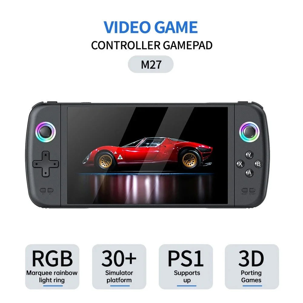 M27 retro handheld game console – 7’’ ips display 64gb tf card rgb lighting 30 + emulators original 3d joystick portable linux gaming