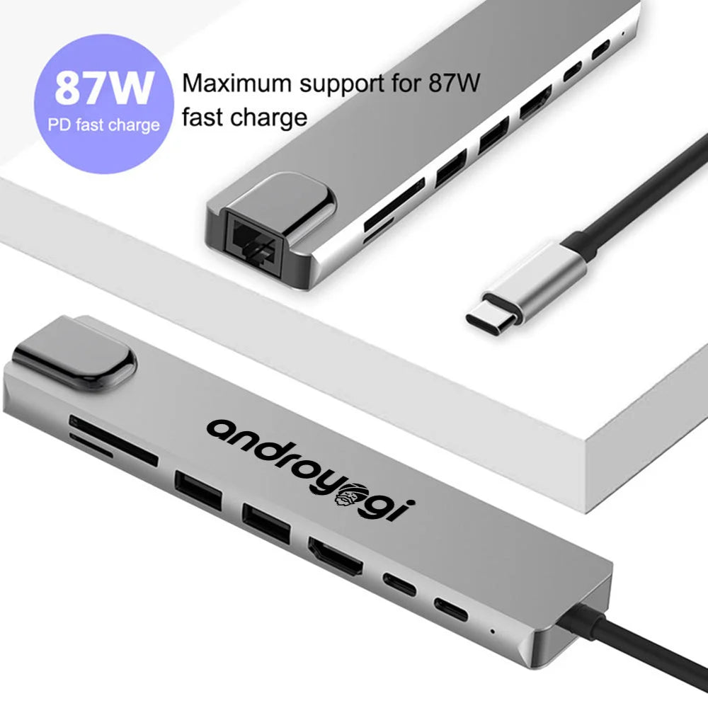 Androyogi 8 in 1 usb hub - usb c 3.1 to hdtv 4k lan ethernet usb3.0 usb 2.0 tf sd card slot reader type c charge hub for macbook / samsung /