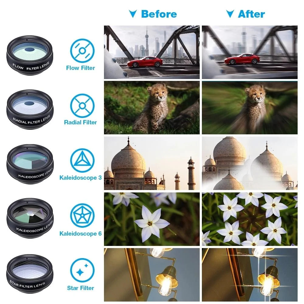 Apexel 10 in 1 phone camera lens kit fisheye wide angle macro lens cpl filter kaleidoscope and 2x telescope lens for smartphone - ₹2,999