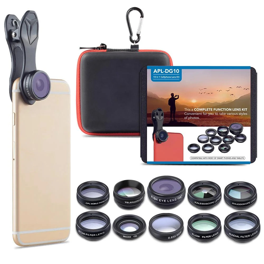 Apexel 10 in 1 phone camera lens kit fisheye wide angle macro lens cpl filter kaleidoscope and 2x telescope lens for smartphone - ₹2,999