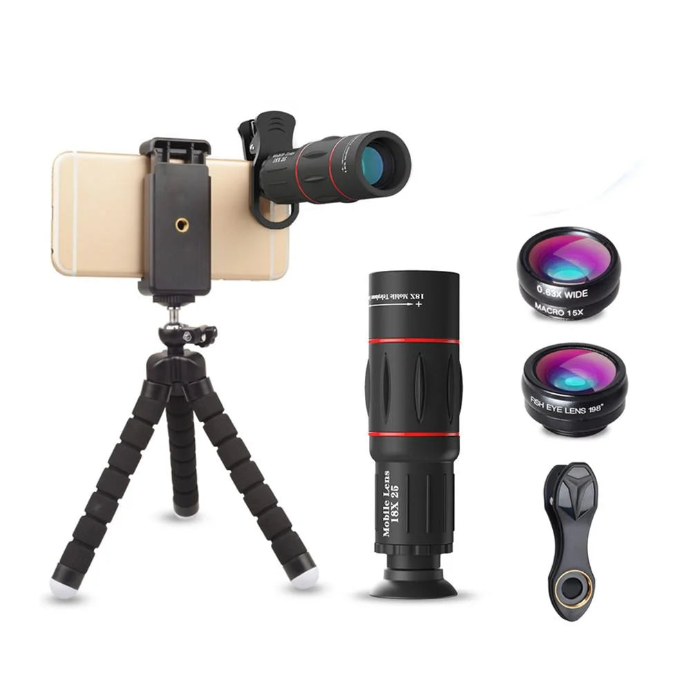 Apexel APL-T18XBZJ5 Phone Photography Kit-Flexible Phone Tripod +Remote  Shutter +4 in Lens Kit-High Power 18X Monocular Telephoto Lens, Fisheye, 