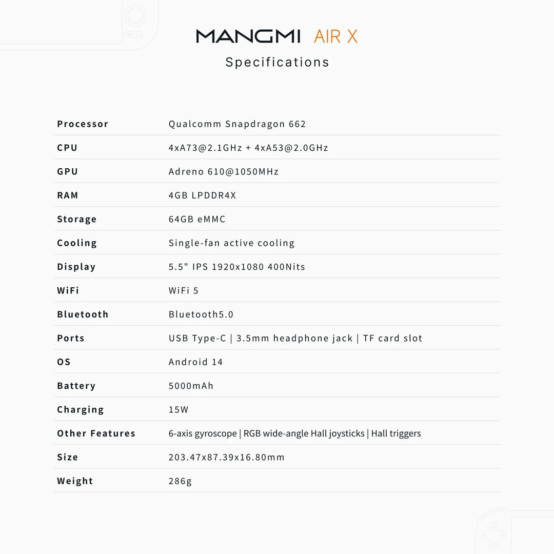 MANGMI AIR X Handheld Console, Snapdragon 662 Adreno 610 4GB/64GB