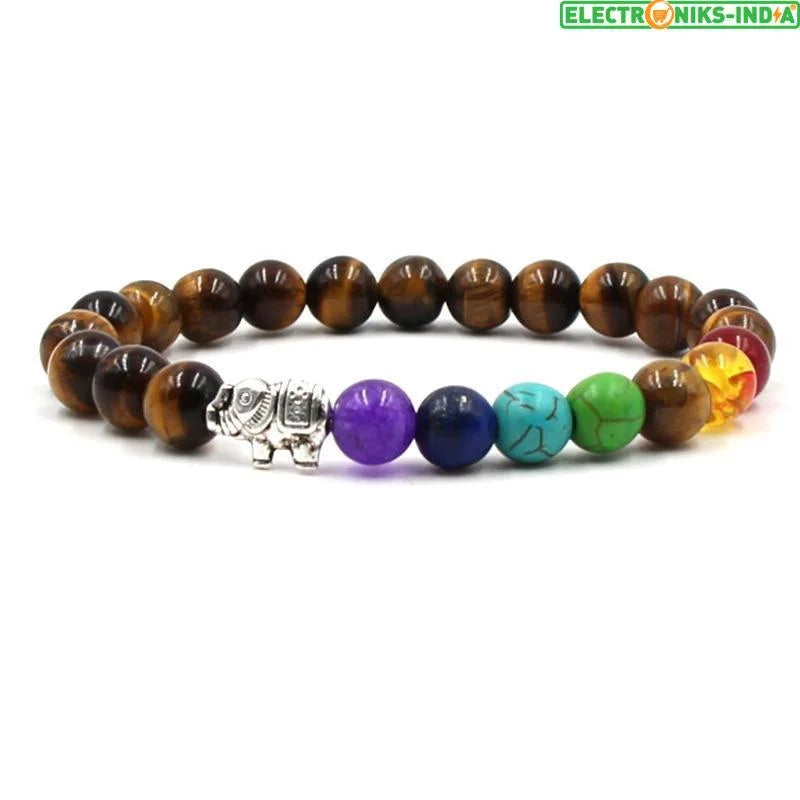 Navatulya® natural stone beads 7 chakra healing/elephant charm multicolor bracelets - on sale