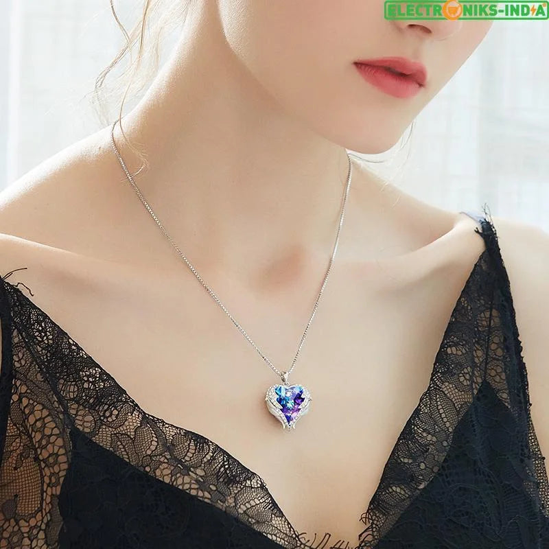 Navatulya® swarovski necklace women silver color embellished with crystals from angel wings heart pendant - on sale