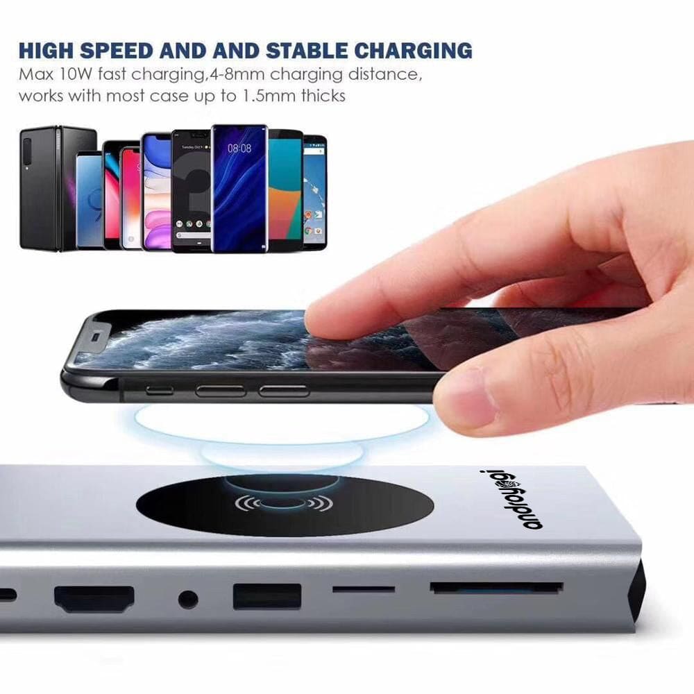 Androyogi 15 in 1 usb hub with wireless charging hdtv vga usb 3.0 sd rj45 lan pd 3.5mm audio type c charge hub for macbook / samsung / dell