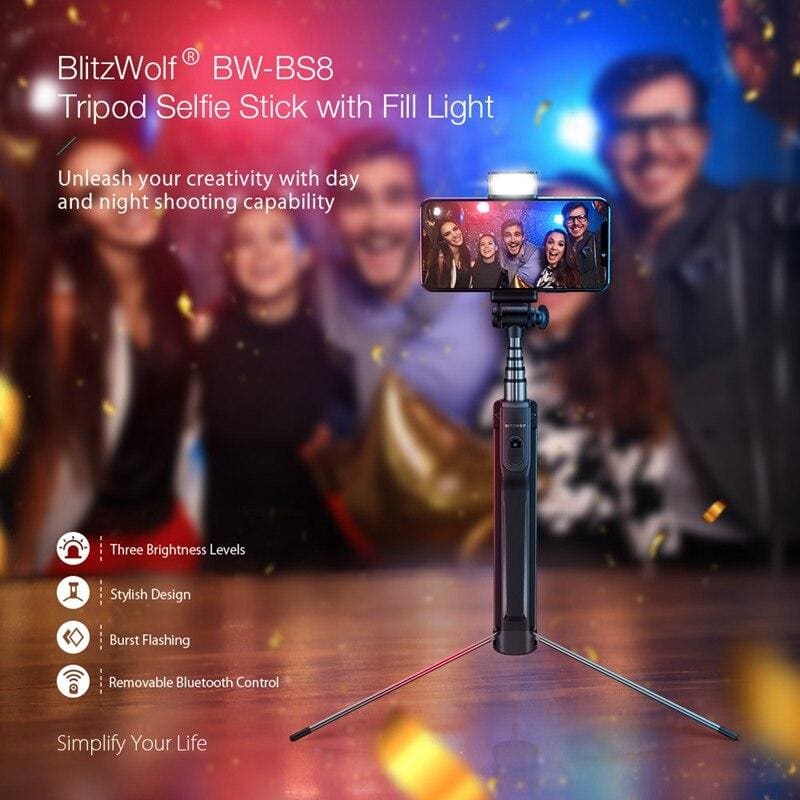 Blitzwolf BW-BS8 LED Fill Light Selfie Stick 3 in 1 Extendable bluetooth Tripod Monopod For iPhone Android Phone Sports Camera